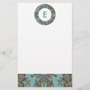 Aqua Brown Damask Customizable Monogram Stationery