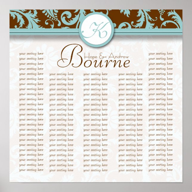 Aqua Brown Monogram Damask Seating Chart  (Front)