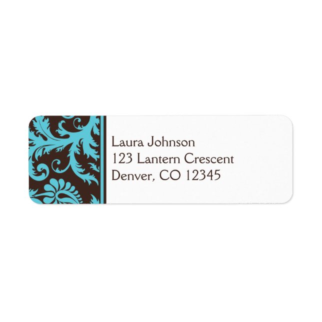 Aqua, Brown, White Damask Adresse de retour (Devant)