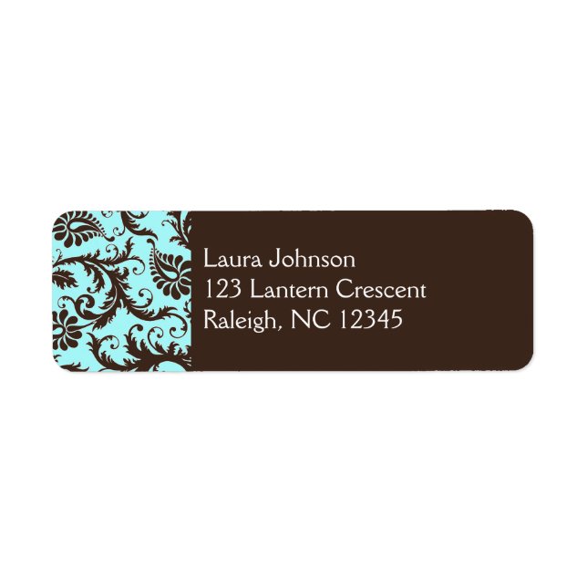 Aqua, Brown, White Damask Return Address Label (Front)