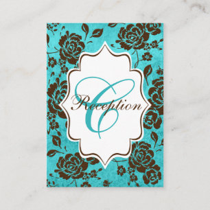 Aqua Brown White Floral Damask Enclosure Card
