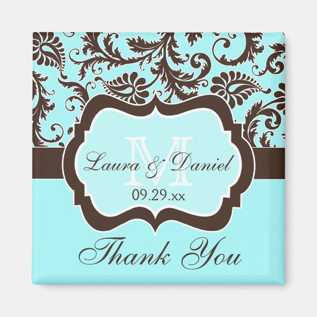 Aqua, Brown, White Floral Wedding Favour Magnet (Front)