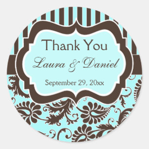 Aqua, Brown, White Striped Damask Wedding Favour Classic Round Sticker