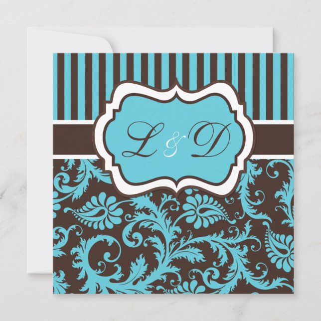 Aqua, Brown, White Striped Damask Wedding Invite (Front)