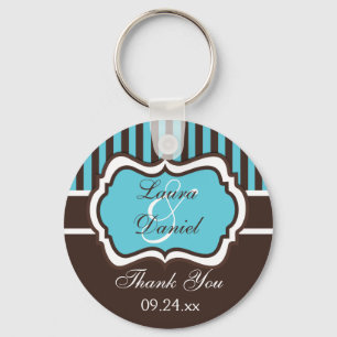Aqua, Brown, White Striped Wedding Favour Keychain