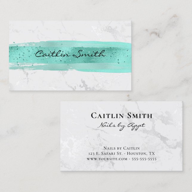 Aqua Brush Stroke Silver White Foil Marble Business Card (Front/Back)