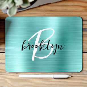 Aqua Brushed Metal Black White Script Monogram Mouse Pad