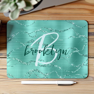 Aqua Brushed Metal Glitter Script Monogram  Mouse Pad