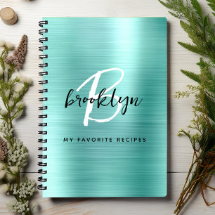 Aqua Brushed Metal Monogram Recipe Book