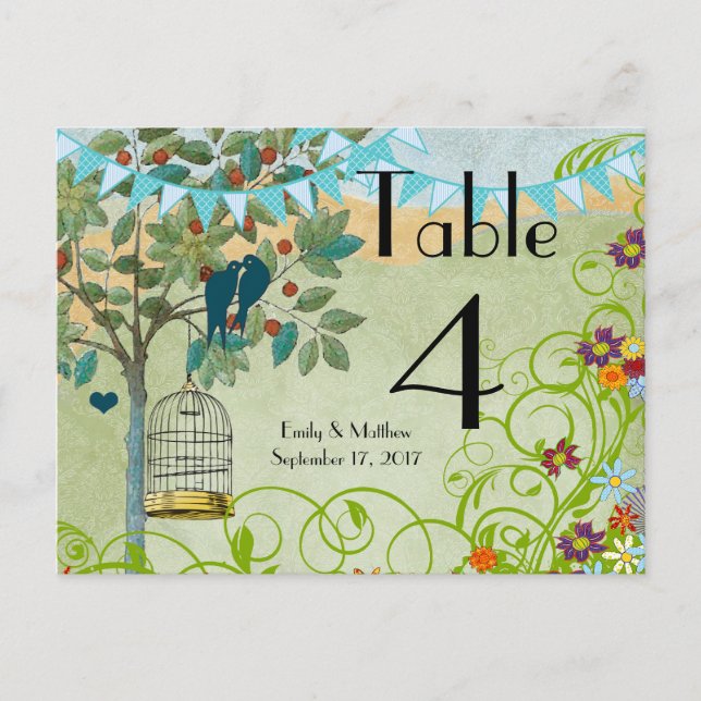 Aqua Bunting Love Birds Bird Cage Number Card (Front)