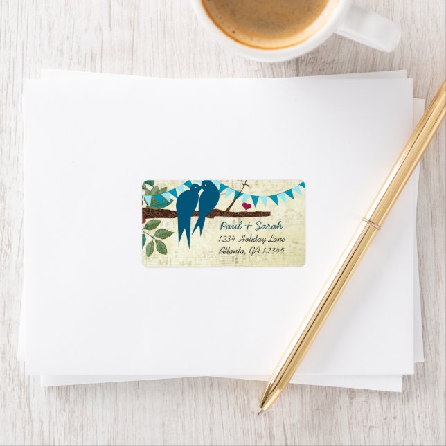 Aqua Bunting Vintage Love Birds Damask Hills Label (Insitu)