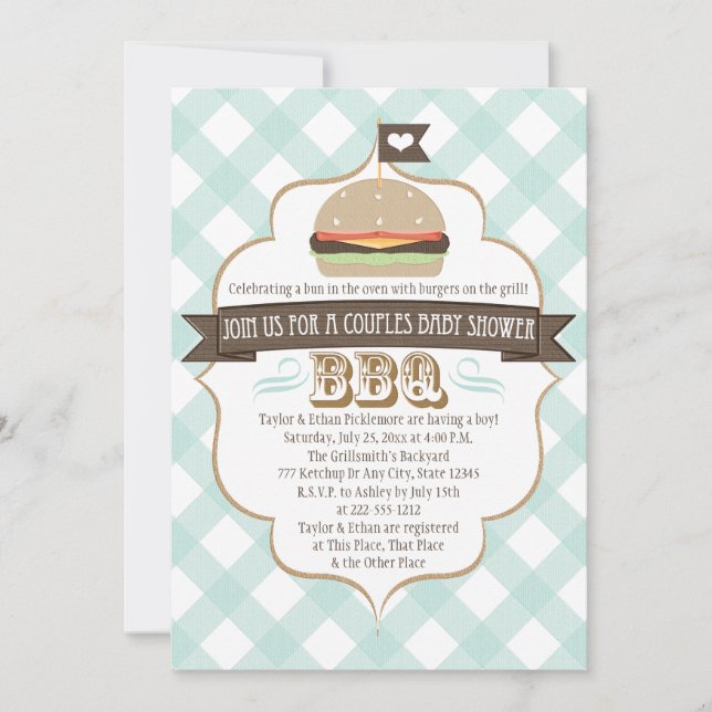 Aqua Burger Couples BBQ Baby Shower Invitations (Devant)