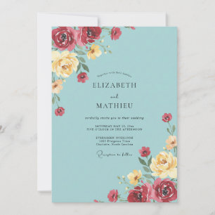 Aqua Burgundy Peony Wedding Invitation