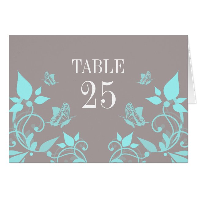Aqua Butterfly Floral Table Number Card (Front Horizontal)