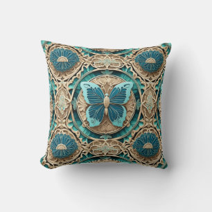 Aqua Butterfly on Tan Medallion Throw Pillow