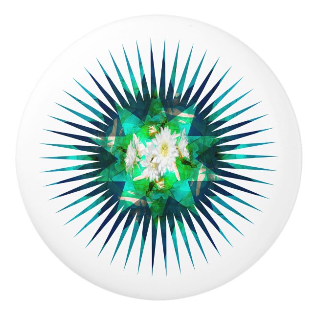 Aqua Cactus Flower Kaleidoscope Effect,   Ceramic Knob (Front)