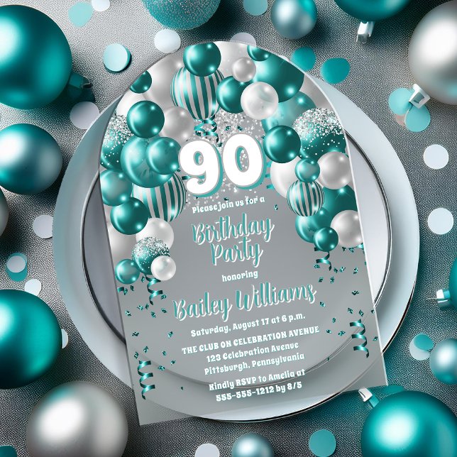 Aqua Celebration Balloons 90th Birthday Party Acrylic Invitations (Aqua Celebration Balloons "90" 90th Birthday Party Acrylic Invitation)