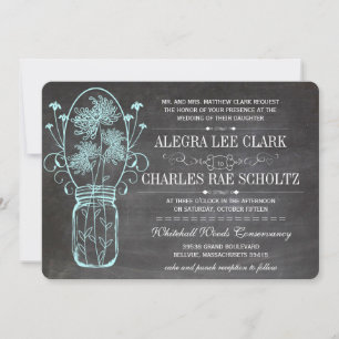 Aqua Chalkboard Mason Jar Vintage Typography Invitation
