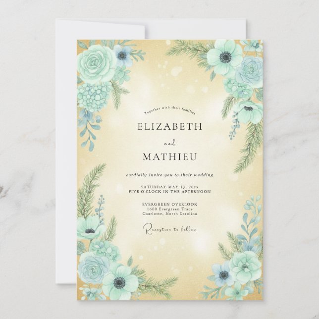 Aqua Champagne Anemone Wedding Invitation (Front)