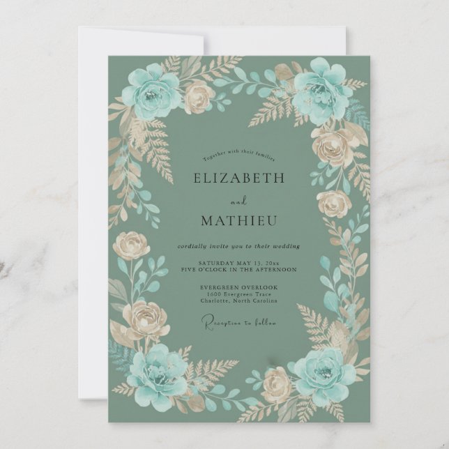 Aqua Champagne Fern Wedding Invitation (Front)