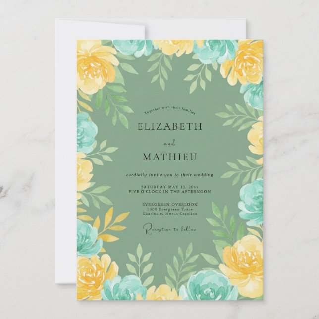Aqua Champagne Gold Leafy Wedding Invitation (Front)