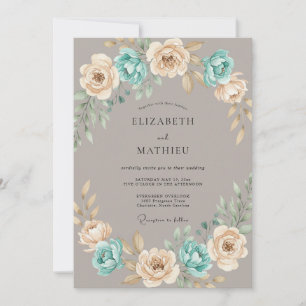 Aqua Champagne Ranunculus Muted Eucalyptus Wedding Invitation