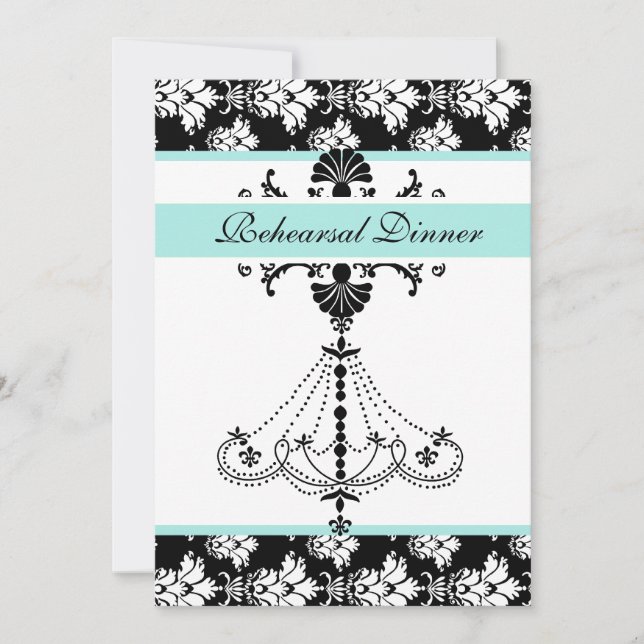 Aqua Chandelier Rehearsal Dinner Card (Front)