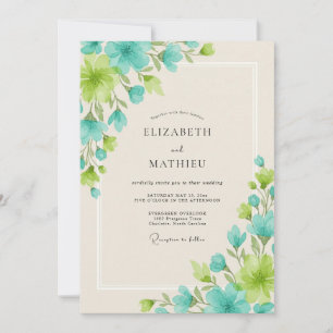 Aqua Chartreuse Leafy Wedding Invitation