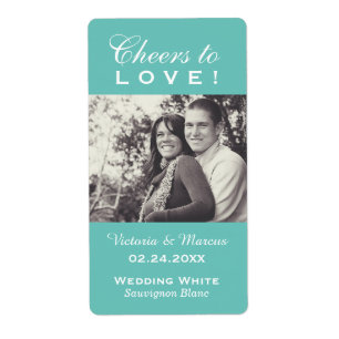 Aqua Cheers to Love Wedding Photo Wine Bottle