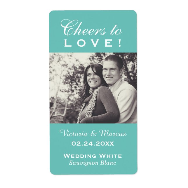 Aqua Cheers to Love Wedding Photo Wine Bottle (Front)