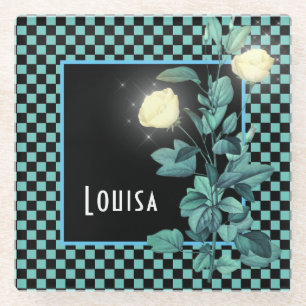 Aqua Chequerboard Floral Personalized Glass Coaster