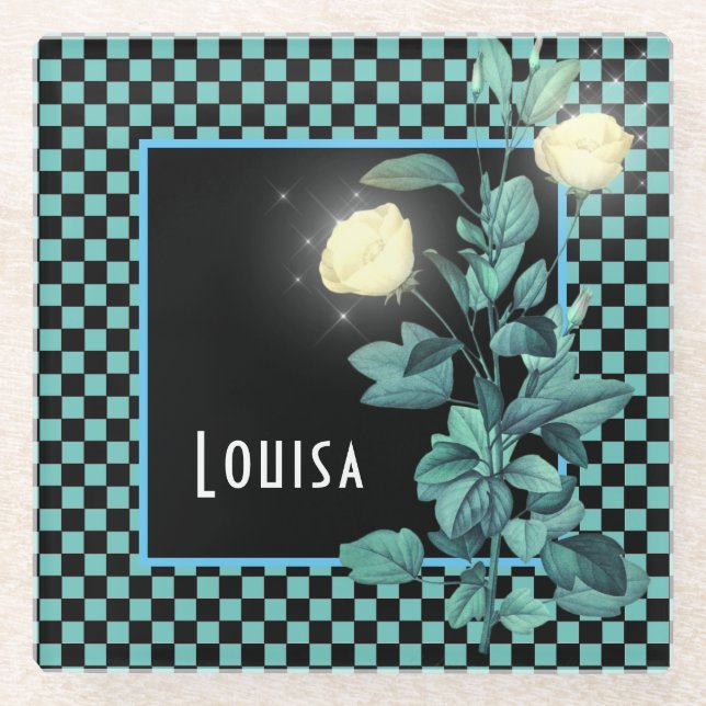 Aqua Chequerboard Floral Personalized  Glass Coaster (Front)