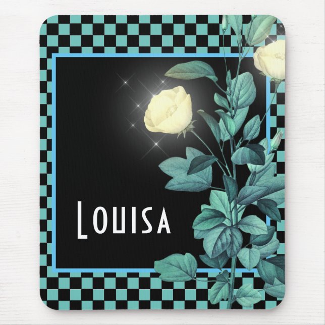 Aqua Chequerboard Floral Personalized  Mouse Pad (Front)