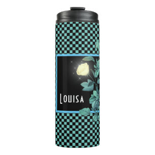 Aqua Chequerboard Floral Personalized   Thermal Tumbler