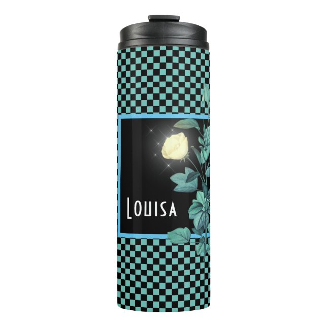 Aqua Chequerboard Floral Personalized   Thermal Tumbler (Front)