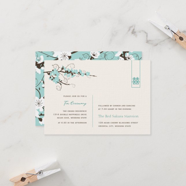 Aqua Cherry Blossoms Chic Asian Wedding Reception Invitation (Front/Back In Situ)