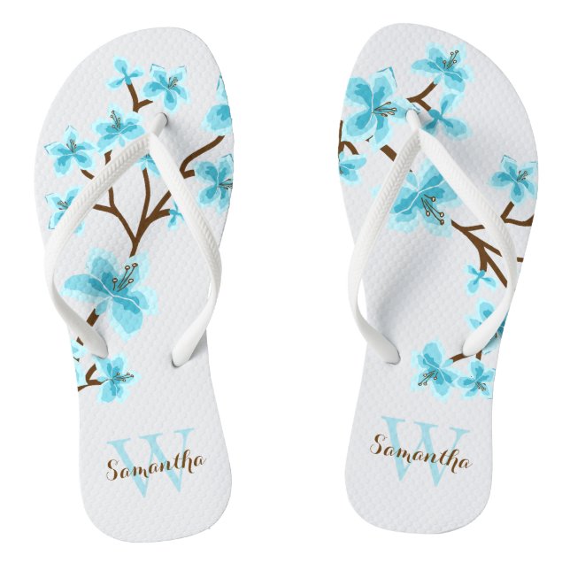 Aqua Cherry Blossoms Monogrammed Flip Flops (Footbed)