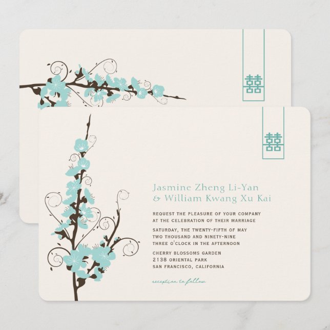 Aqua Cherry Blossoms Sakura Swirls Asian Wedding Invitation (Front/Back)