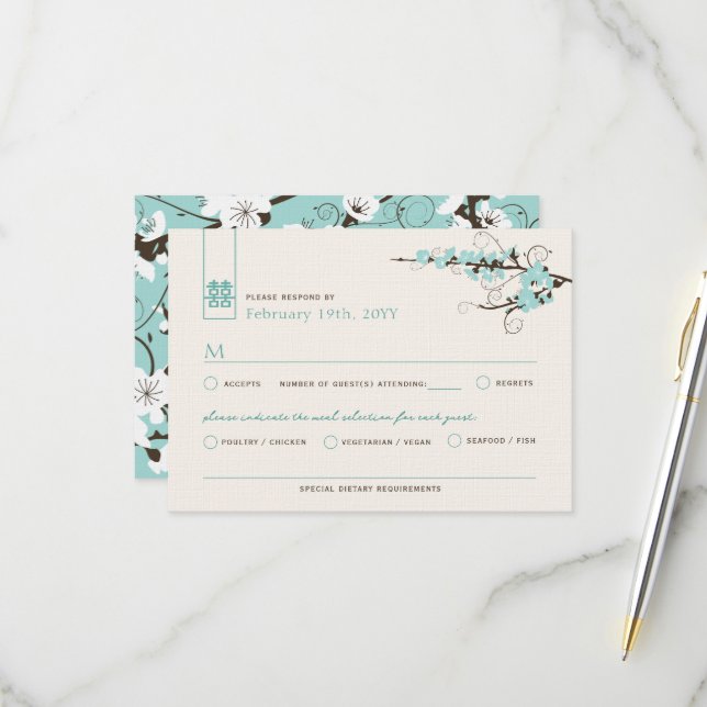 Aqua Cherry Blossoms Sakura Swirls Asian Wedding RSVP Card (Front/Back In Situ)