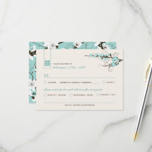 Aqua Cherry Blossoms Sakura Swirls Asian Wedding RSVP Card