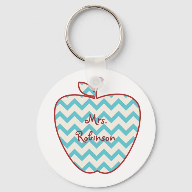 Aqua Chevron Apple Teacher Keychain (Front)