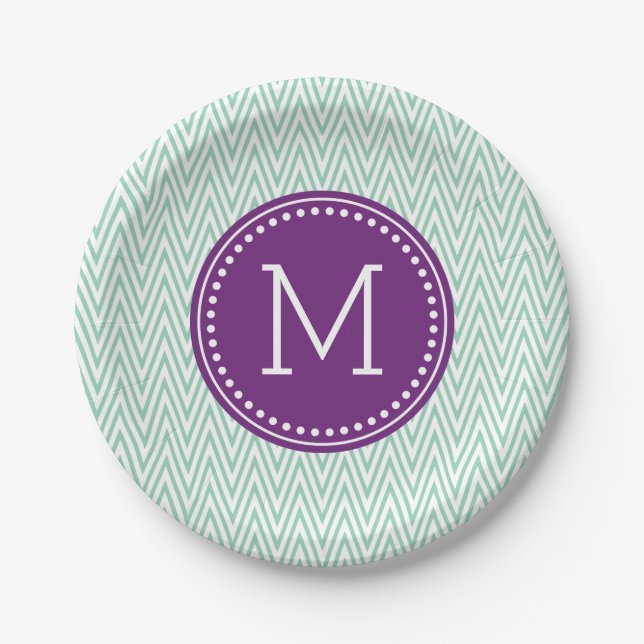 Aqua Chevron Personalized Monogram Paper Plate (Front)