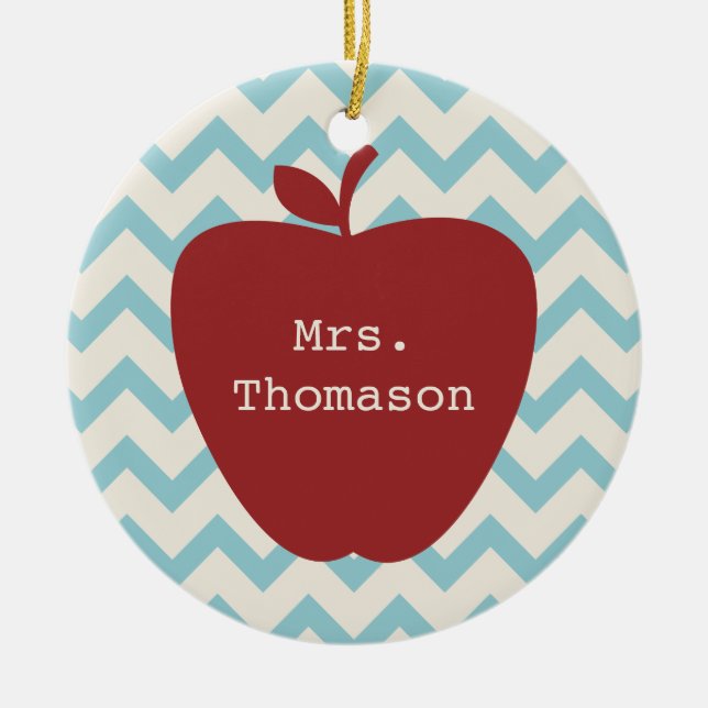 Aqua Chevron Red Apple Teacher Ceramic Ornament (Front)