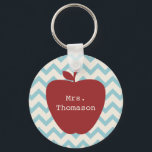 Aqua Chevron Red Apple Teacher Keychain<br><div class="desc">A gift for teachers featuring an illustration of a red apple over an aqua chevron background.  Personalize with your name.</div>