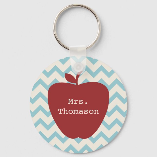 Aqua Chevron Red Apple Teacher Keychain (Front)