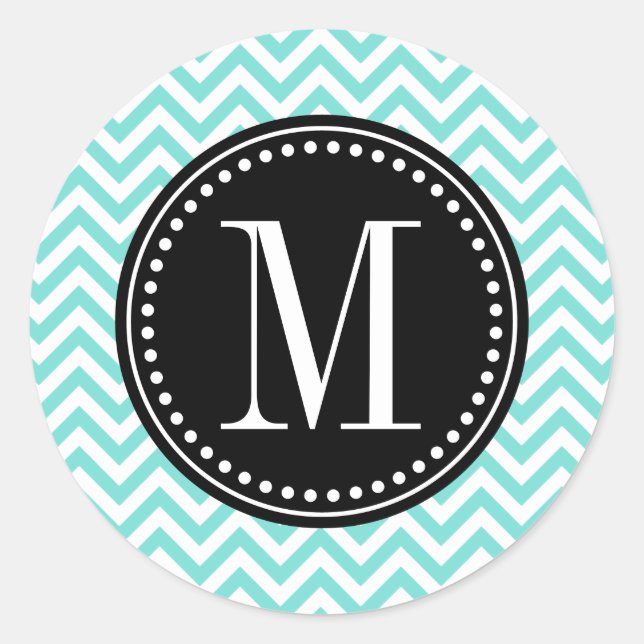 Aqua Chevron Zigzag Personalized Monogram Classic Round Sticker (Front)