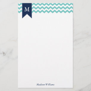 Aqua Chevrons Pattern and Blue Monogram Stationery