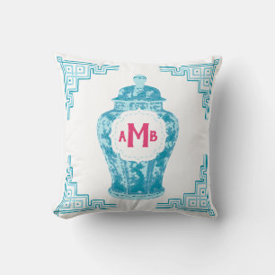 Aqua Chinoiserie Ginger Jar Monogram Throw Pillow