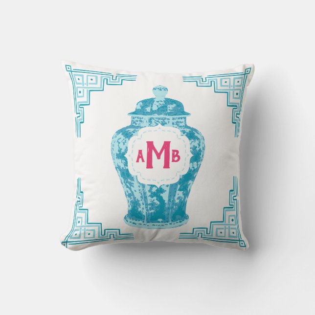 Aqua Chinoiserie Ginger Jar Monogram Throw Pillow (Front)