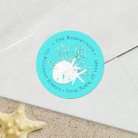 Aqua Christmas Beach Sand Dollar Return Address Classic Round Sticker<br><div class="desc">This coastal Christmas return address label features a sand dollar and starfish on glitter coral,  with a bright aqua blue background.
*If you would like this design on more products or need design help,  please contact me through Zazzle Chat.</div>